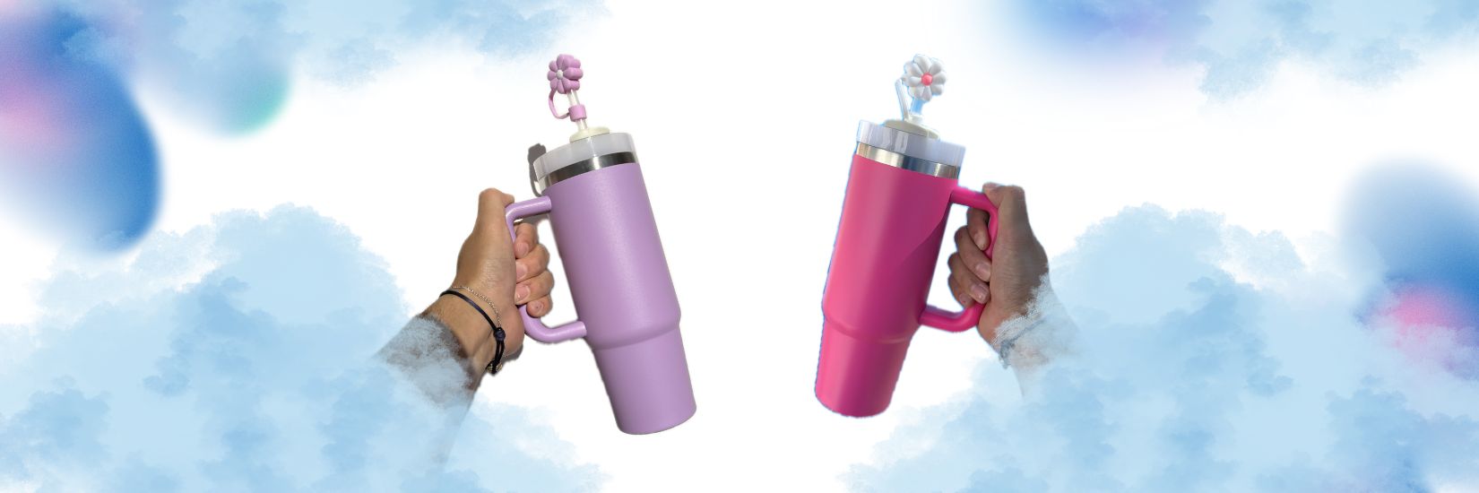 Banner con termos Camper 30oz de acero inoxidable en colores lila y rosa neón, con asa y doble pared para conservar la temperatura de las bebidas.