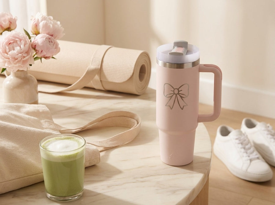 Termo KUNK Camper 30oz rosa con diseño Moño junto a matcha, tapete de pilates y tenis