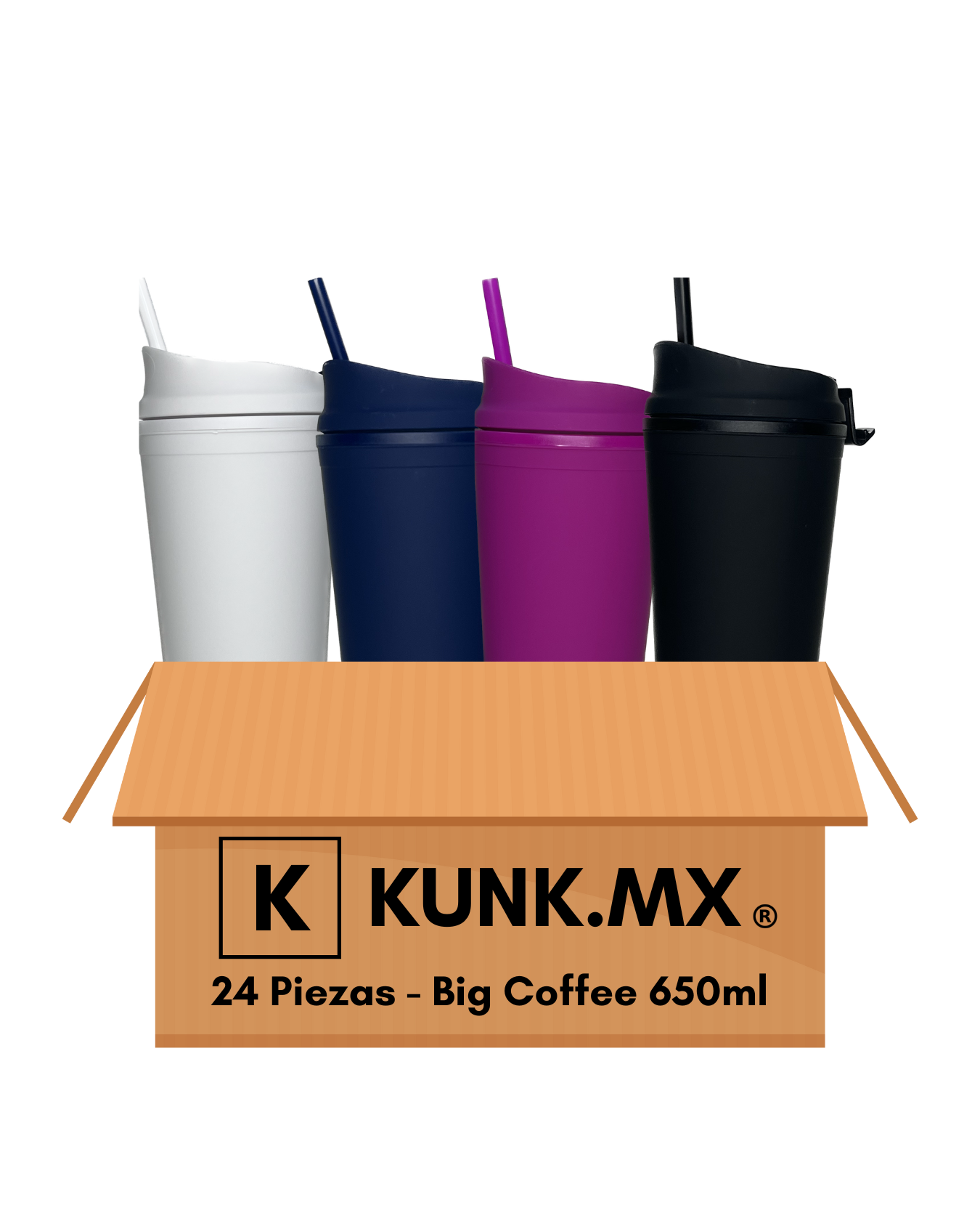 Diseño ilustrativo de termos de acrílico modelo Big Coffee 650ml sobresaliendo de una caja, representando venta al mayoreo.
