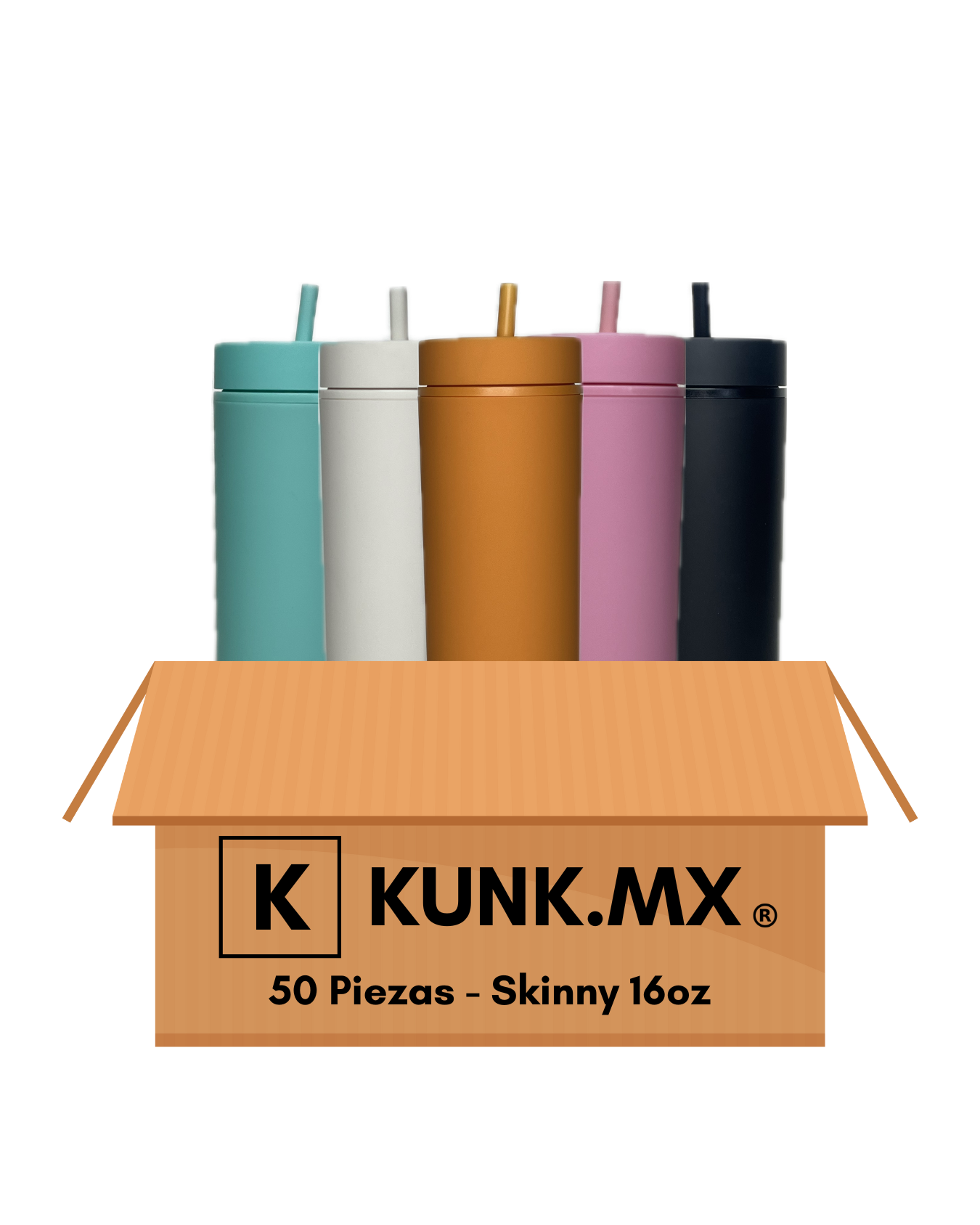 Diseño ilustrativo de termos de acrílico modelo Skinny 16oz sobresaliendo de una caja, representando venta al mayoreo.
