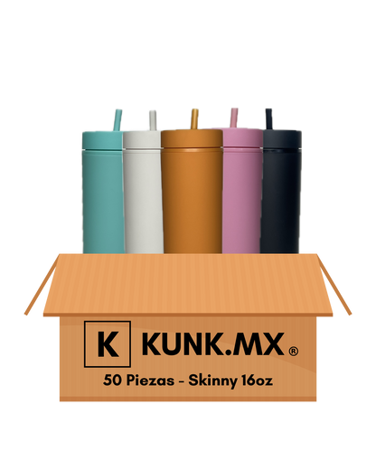 Diseño ilustrativo de termos de acrílico modelo Skinny 16oz sobresaliendo de una caja, representando venta al mayoreo.
