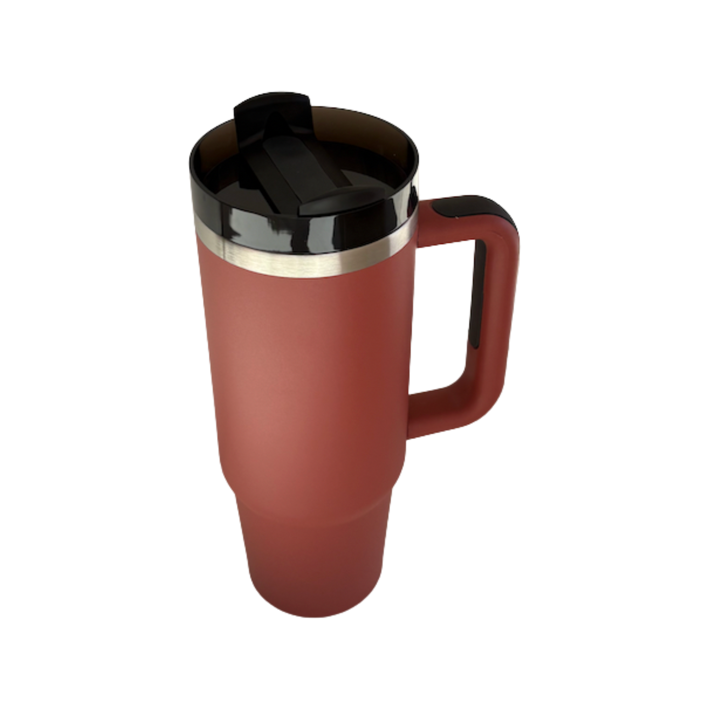 Termo Camper 30oz de acero inoxidable color ladrillo con asa y doble pared, vista en ángulo.
