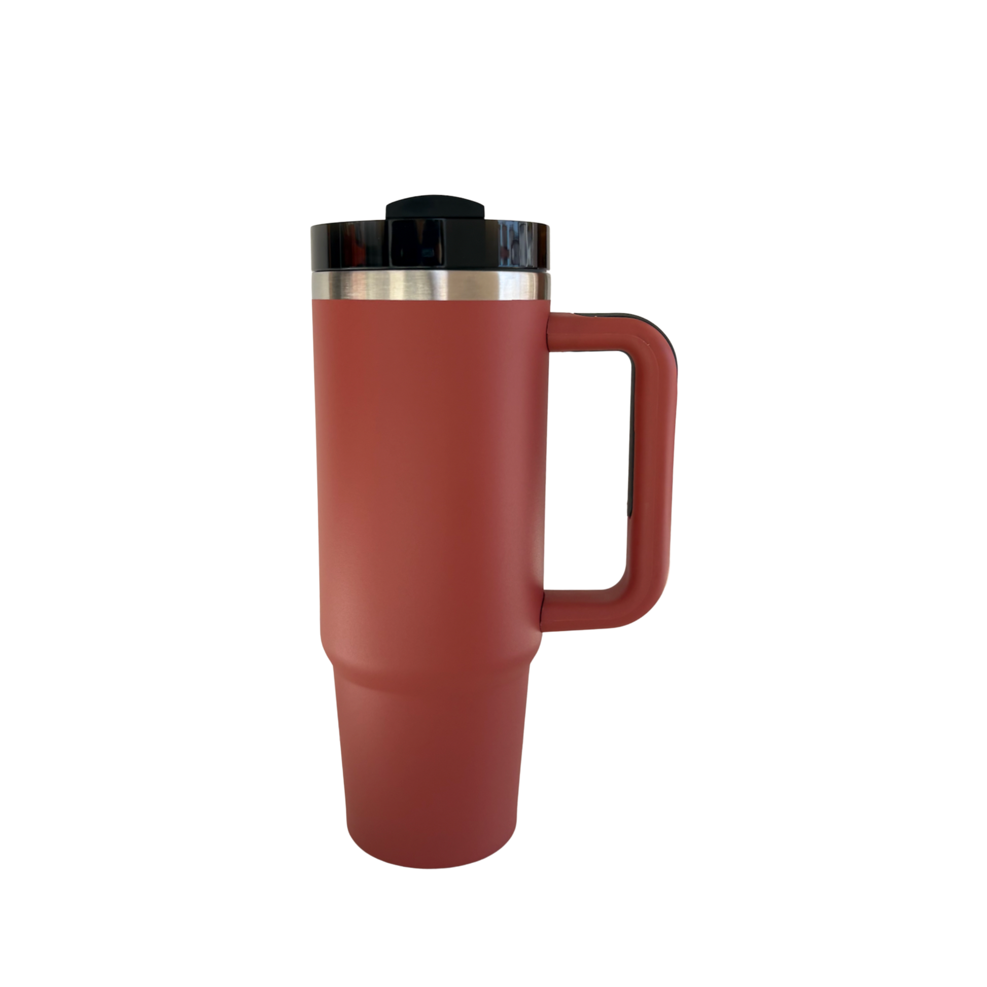 Termo Camper 30oz de acero inoxidable color ladrillo con asa y doble pared, vista frontal.
