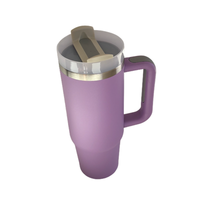 Termo Camper 30oz de acero inoxidable color lila con asa y doble pared, vista en ángulo.
