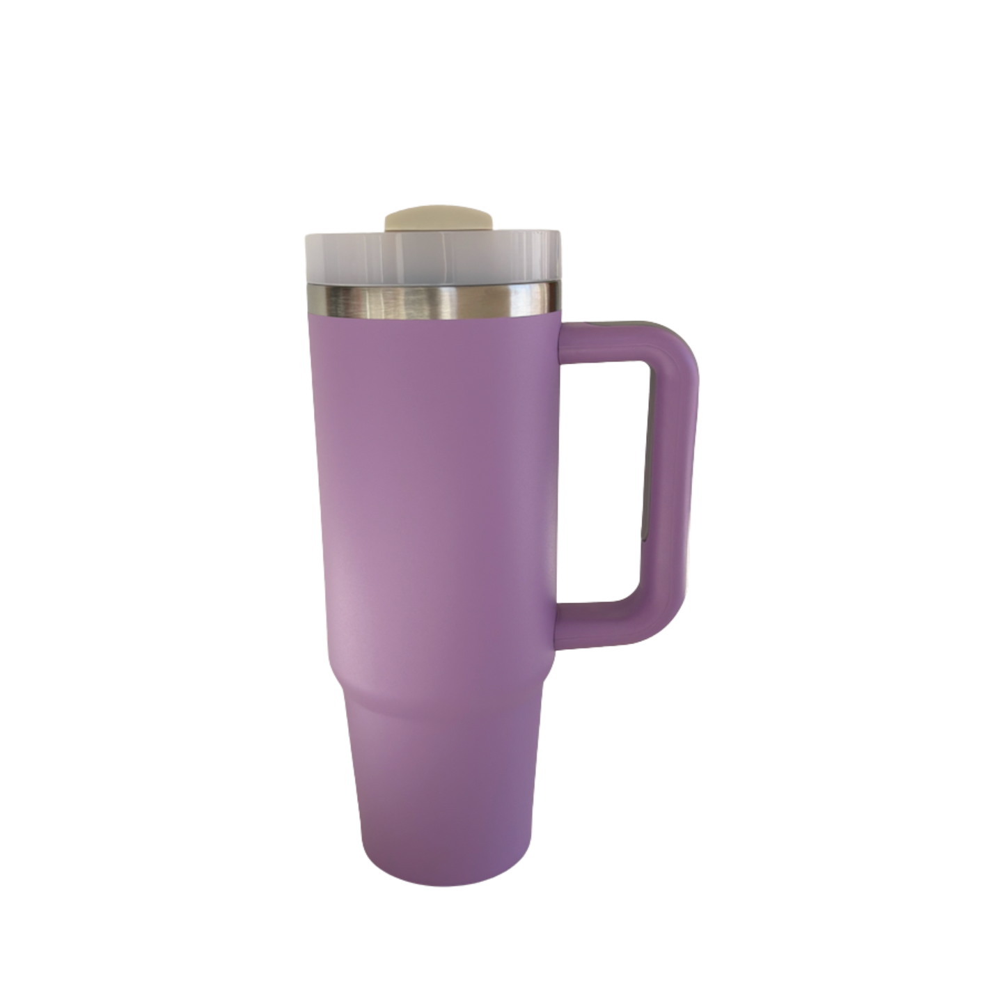 Termo Camper 30oz de acero inoxidable color lila con asa y doble pared, vista frontal.
