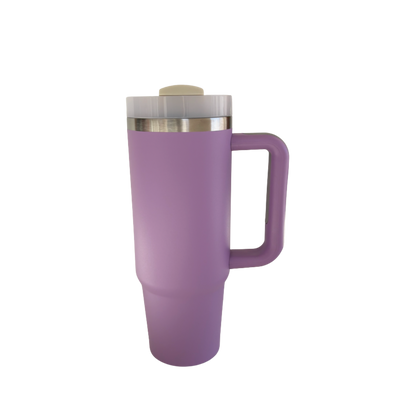 Termo Camper 30oz de acero inoxidable color lila con asa y doble pared, vista frontal.
