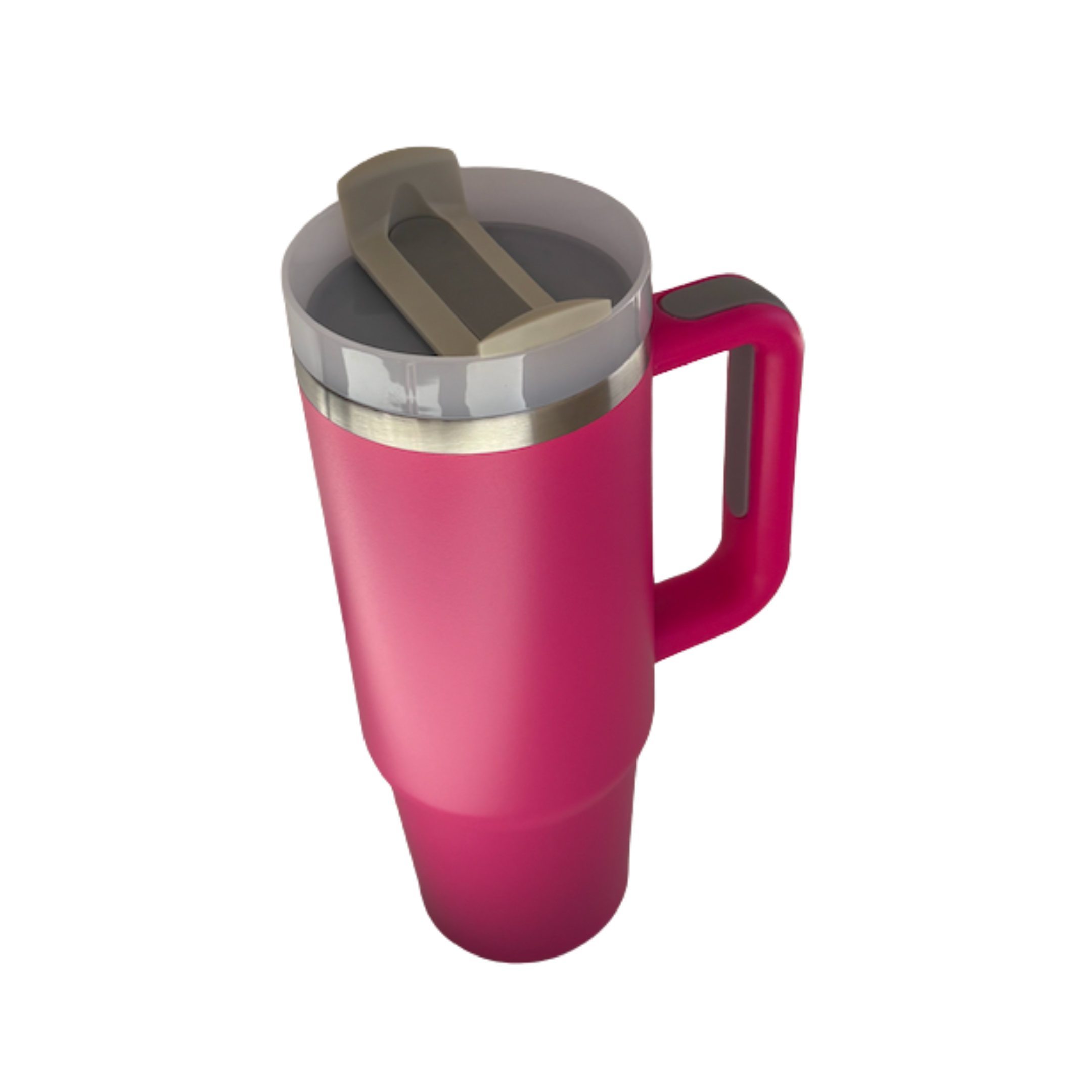 Termo Camper 30oz de acero inoxidable color rosa neón con asa y doble pared, vista en ángulo.
