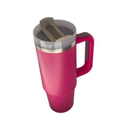 Termo Camper 30oz de acero inoxidable color rosa neón con asa y doble pared, vista en ángulo.
