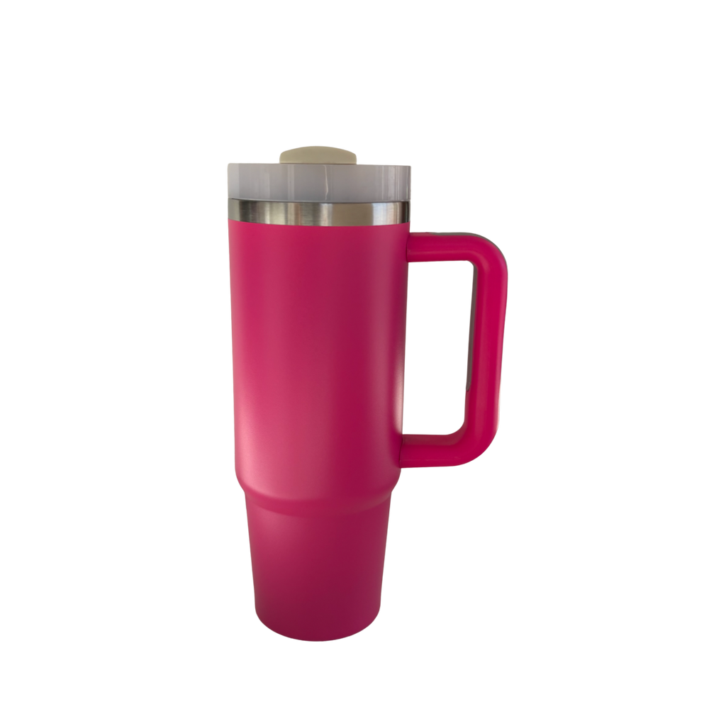 Termo Camper 30oz de acero inoxidable color rosa neón con asa y doble pared, vista frontal.
