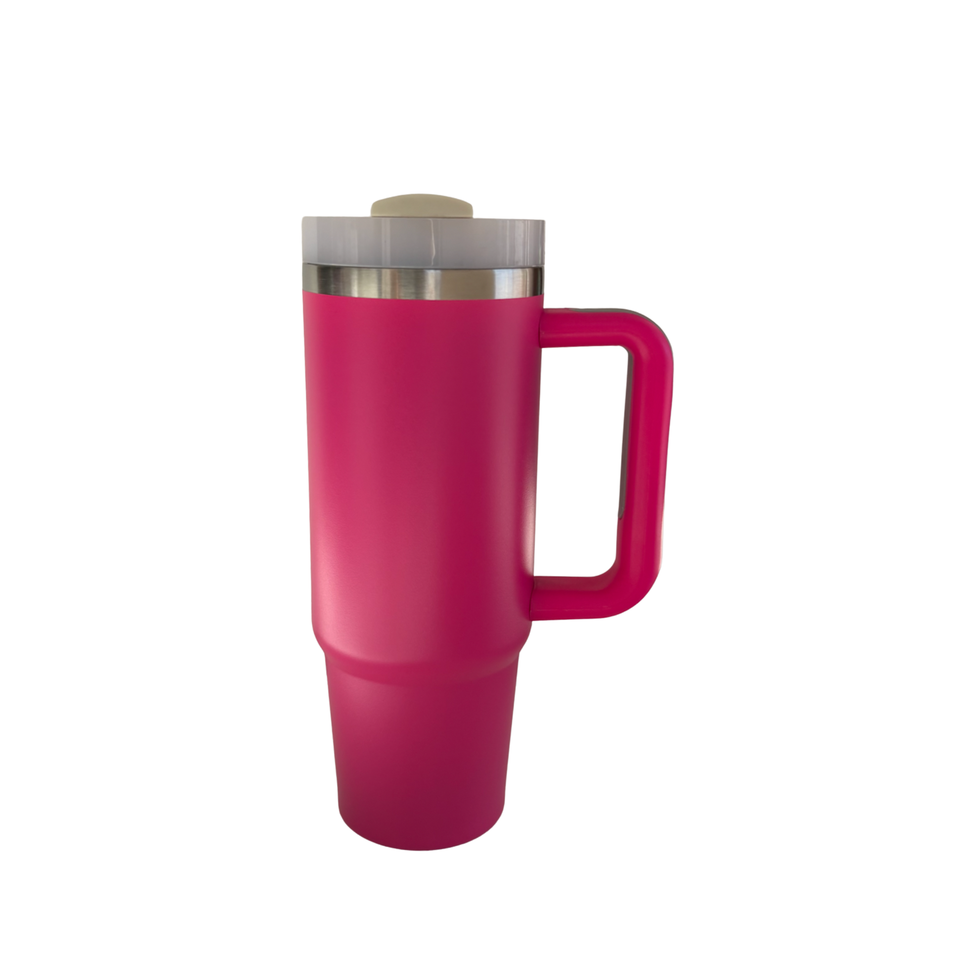 Termo Camper 30oz de acero inoxidable color rosa neón con asa y doble pared, vista frontal.
